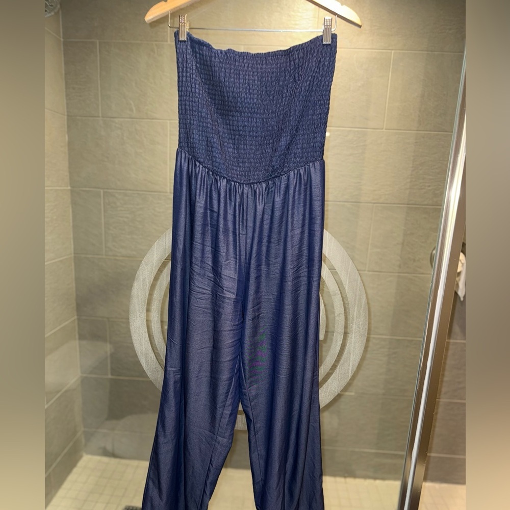 Mile Gabrielle Smocked strapless, wide-leg Dark Denim Color Fabric jumpsuit L - Picture 6 of 11